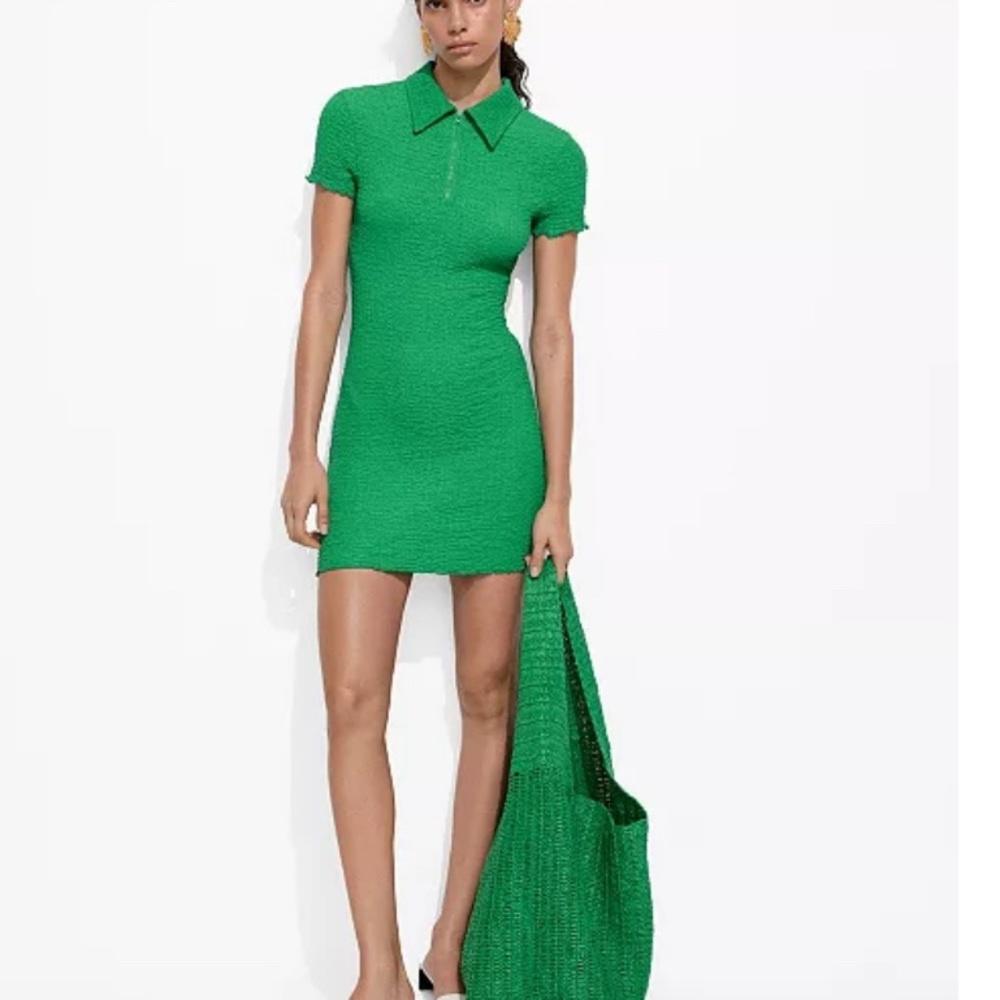 Mango Green Textured Body-Con Polo Dress